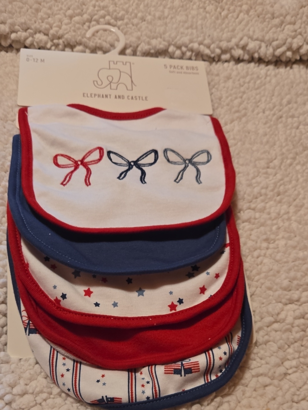 Elephant & Castle Baby Bibs - Red, Blue & White (5-Pack)